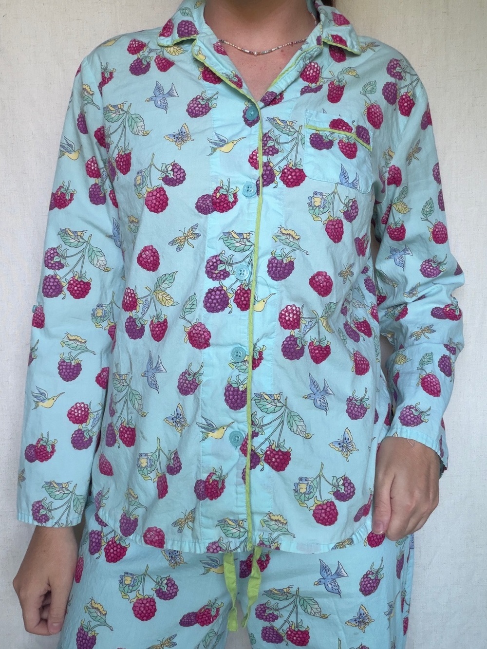 Nick&Nora RETIRED RARE SET blue birds bugs & raspberry full length pajamas sz S